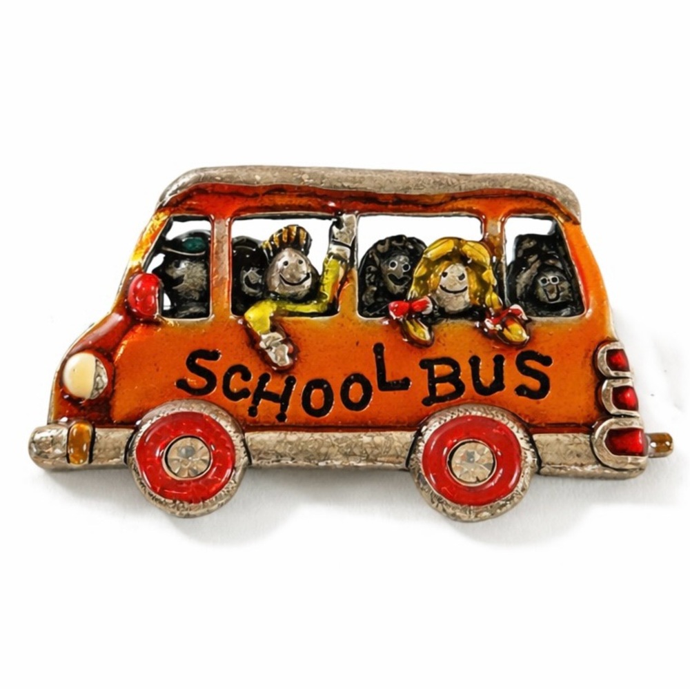 Vintage AJMC Enamel School Bus Brooch Pin Rhinestone Wheels Teachers Gift